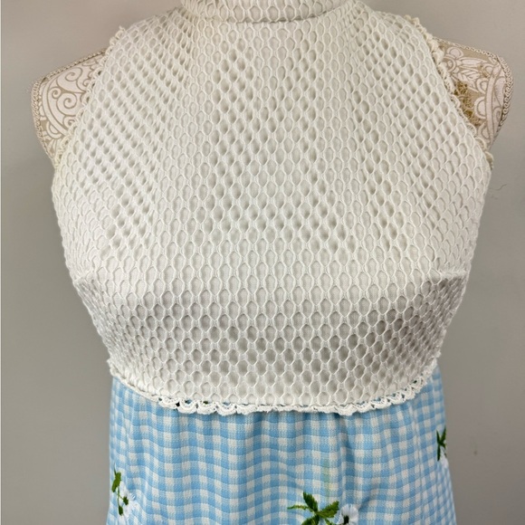 Vintage 70s Size Small Blue Gingham High Neck Sleeveless Maxi Dress Embroidered - Picture 3 of 9
